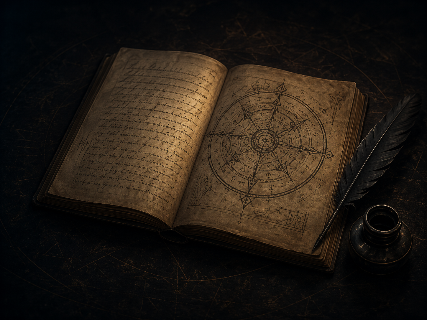 Aufgeschlagenes altes Buch mit magischen Schriften, Feder und Tintenfass