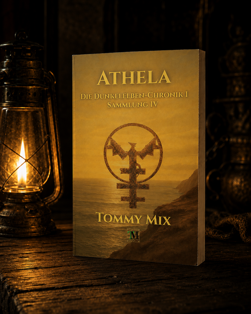 Stehendes Softcover „Die Dunkelelben-Chronik I – Sammlung IV“ von Tommy Mix auf einem dunklen Holztisch.