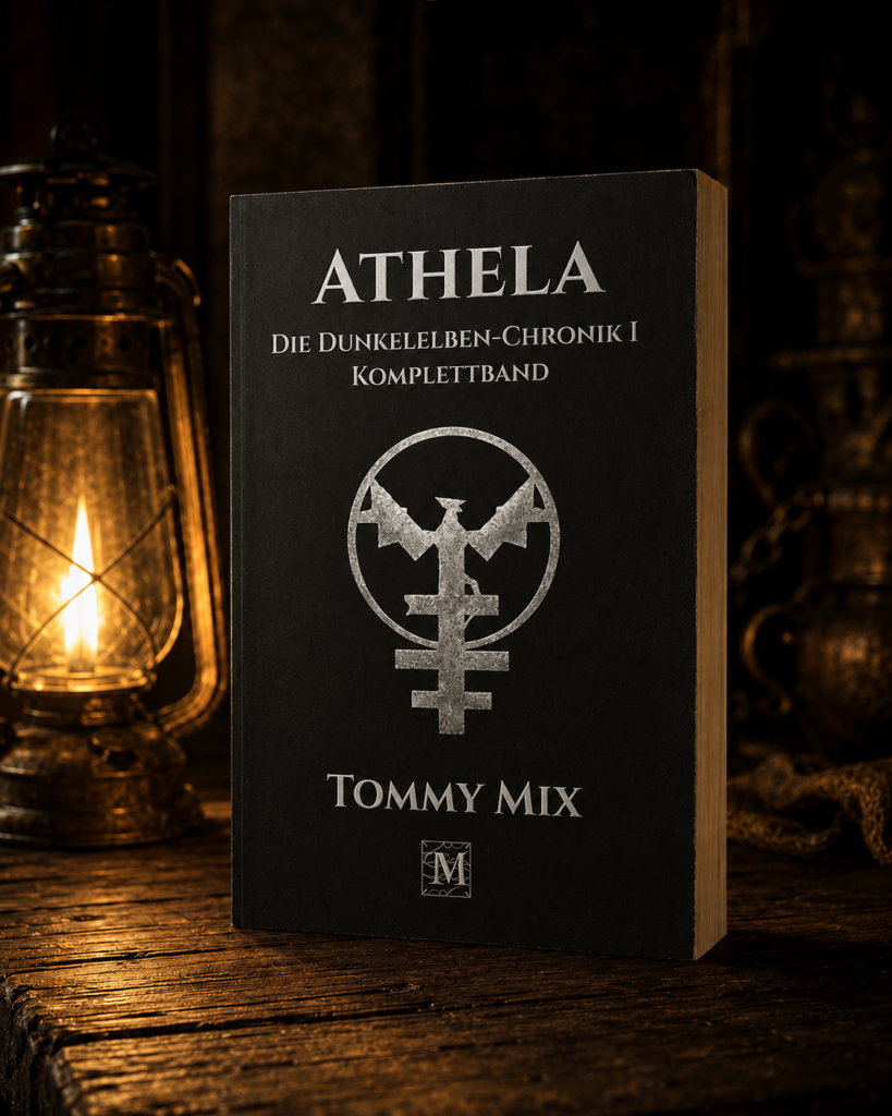 Softcover des Dark-Fantasy-Romans „Athela I: Schatten der Vergangenheit“ von Tommy Mix